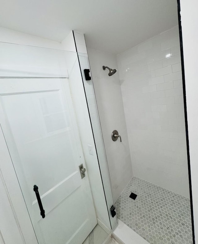 bathroom featuring a shower with door