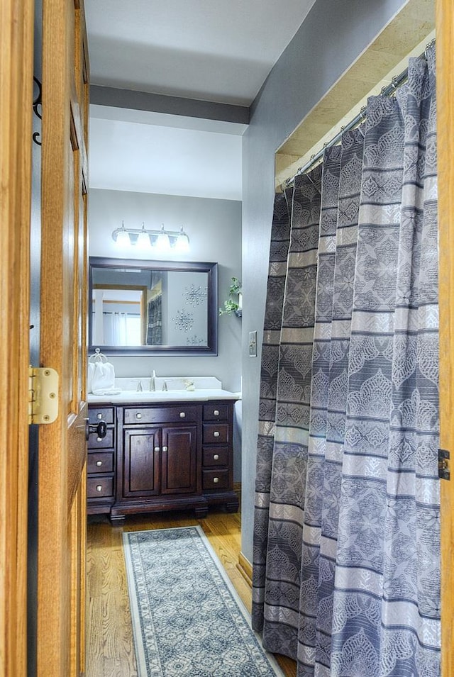 bathroom featuring wood-type flooring and vanity