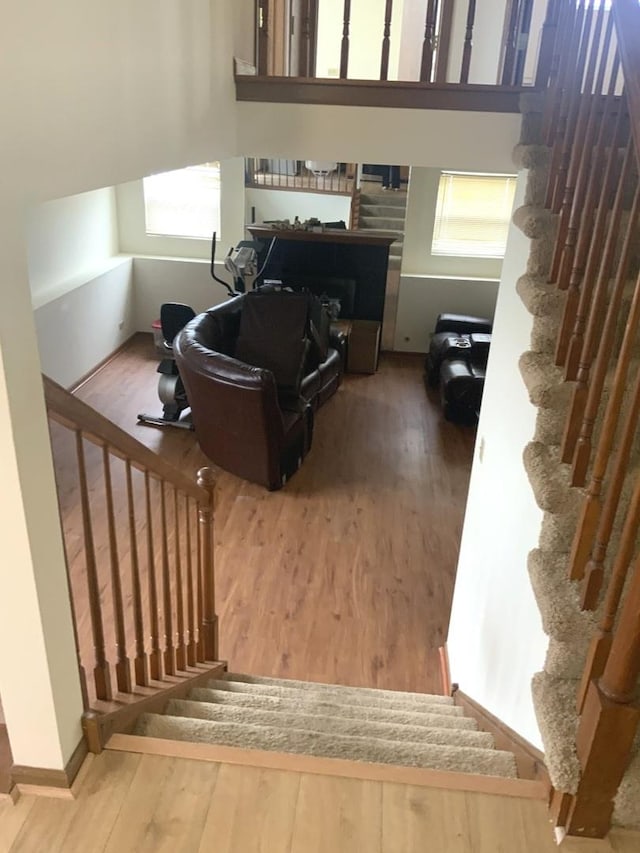 staircase with hardwood / wood-style flooring