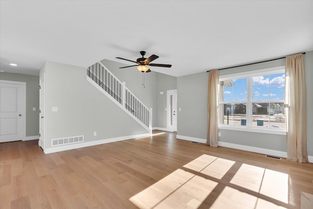 unfurnished living room featuring ceiling fan and light wood-type flooring