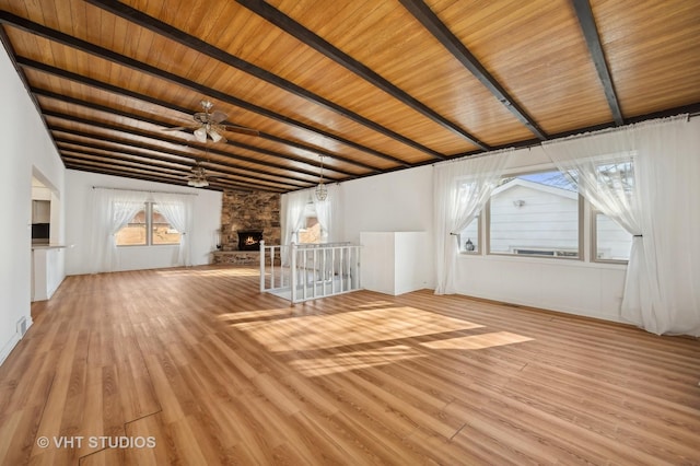 unfurnished living room with ceiling fan, light wood-type flooring, wood ceiling, and a fireplace