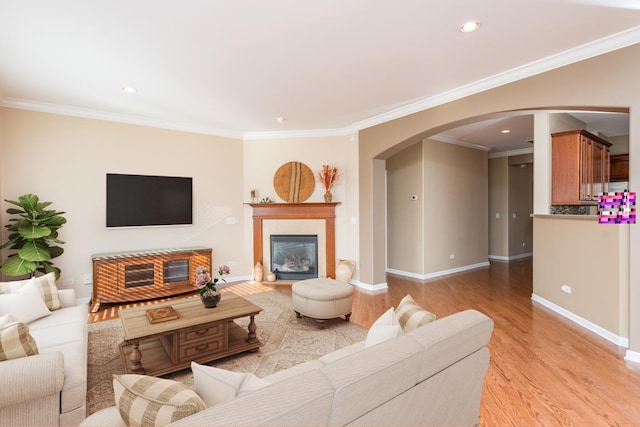 living room with a tile fireplace, ornamental molding, and light hardwood / wood-style flooring