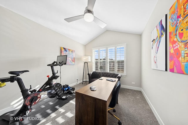 carpeted office with a ceiling fan, lofted ceiling, and baseboards