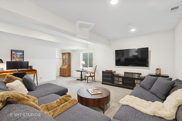 carpeted living room with recessed lighting, visible vents, and baseboards