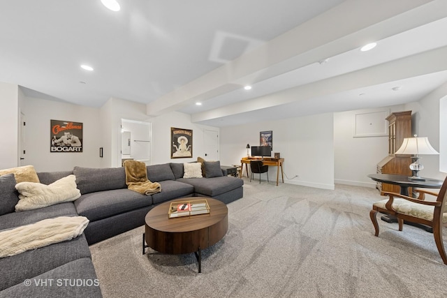 living area featuring recessed lighting, baseboards, beamed ceiling, and light colored carpet