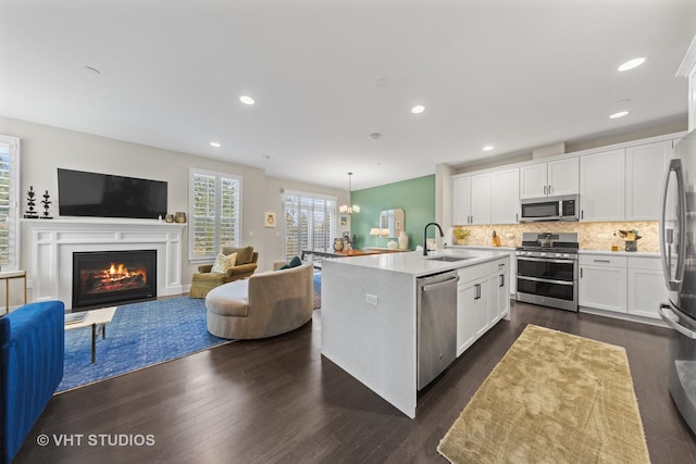 kitchen featuring dark wood-style flooring, appliances with stainless steel finishes, open floor plan, and a sink