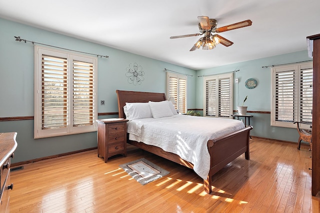 bedroom featuring ceiling fan and light wood-type flooring