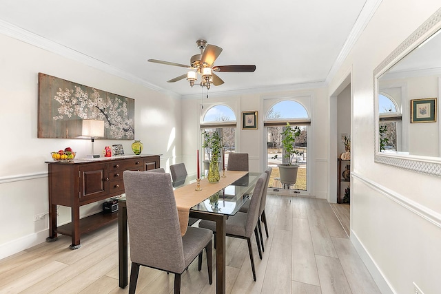 dining room featuring ornamental molding, ceiling fan, and light hardwood / wood-style flooring