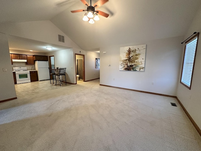 carpeted living room featuring lofted ceiling and ceiling fan