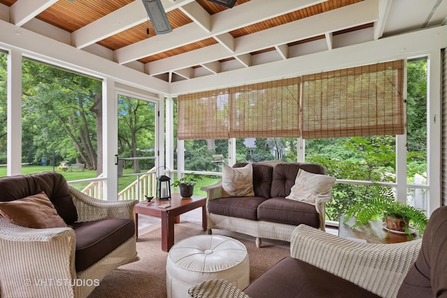 sunroom / solarium with wooden ceiling and beamed ceiling