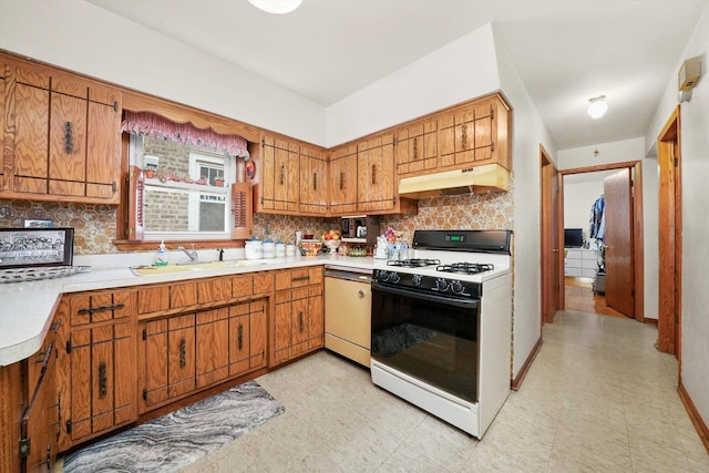 kitchen featuring dishwashing machine, sink, range with gas cooktop, and backsplash