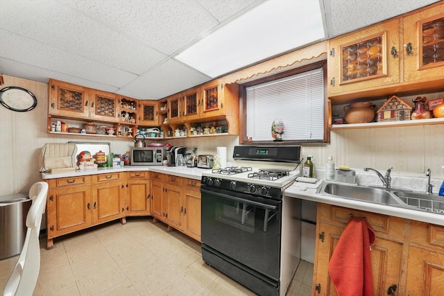 kitchen with sink, a drop ceiling, and range with gas cooktop