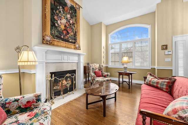 living room featuring lofted ceiling, wood-type flooring, and a premium fireplace