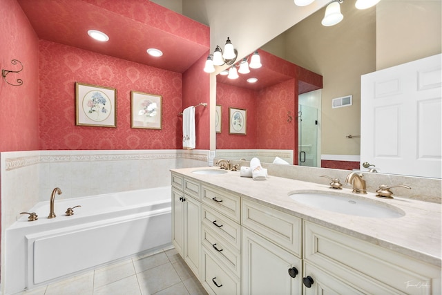 bathroom featuring vanity, separate shower and tub, and tile patterned flooring