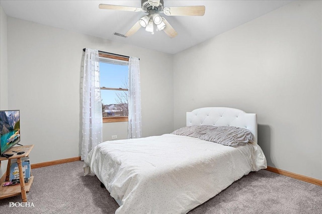 bedroom with ceiling fan and carpet flooring