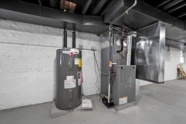 utility room featuring electric water heater and heating unit