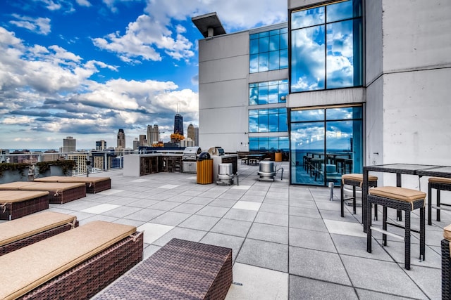 view of patio / terrace with grilling area and a water view