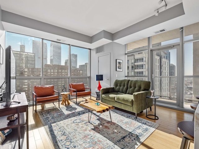 living room featuring hardwood / wood-style flooring and rail lighting