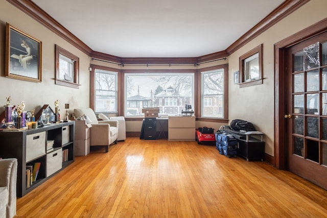 interior space with crown molding and light hardwood / wood-style flooring