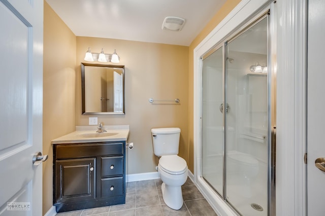 bathroom featuring vanity, tile patterned flooring, a shower with shower door, and toilet