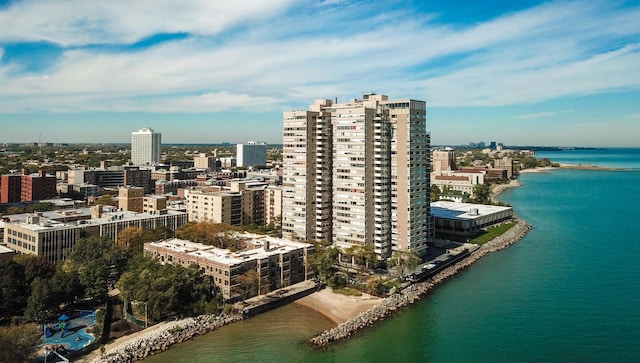 drone / aerial view with a water view