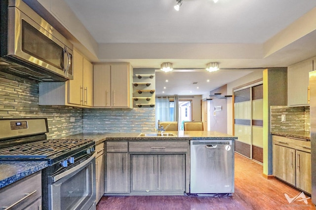 kitchen with sink, stainless steel appliances, tasteful backsplash, wood-type flooring, and kitchen peninsula