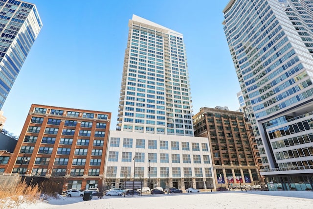 view of snow covered building