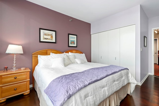 bedroom featuring dark wood-type flooring and a closet