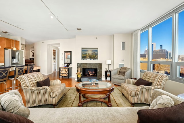 living room with rail lighting, a fireplace, and light hardwood / wood-style flooring