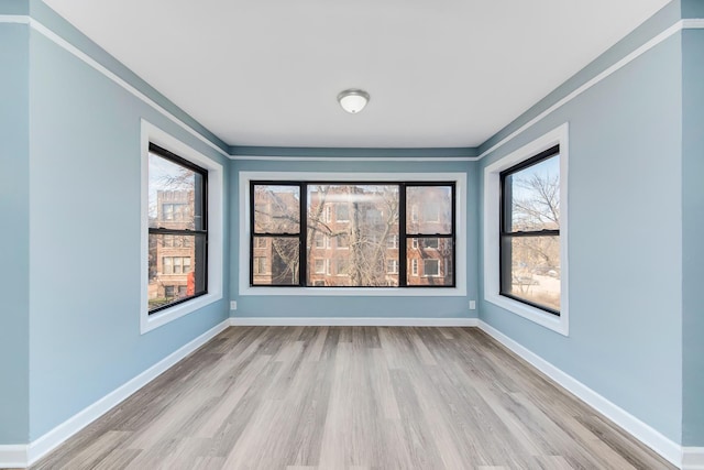 empty room with light hardwood / wood-style flooring, plenty of natural light, and ornamental molding