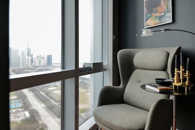 sitting room with a wall of windows