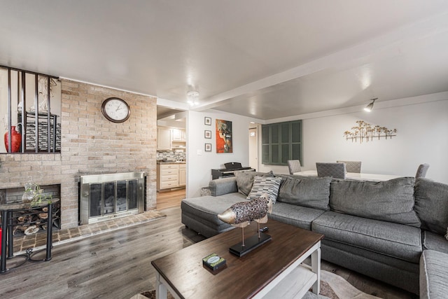 living room featuring a fireplace and hardwood / wood-style floors