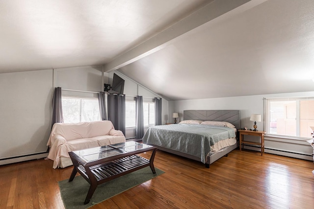 bedroom featuring baseboard heating, lofted ceiling with beams, and dark wood-type flooring