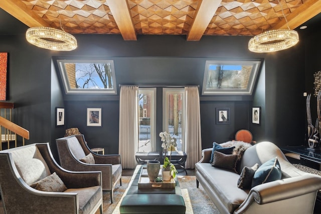 living room with beamed ceiling