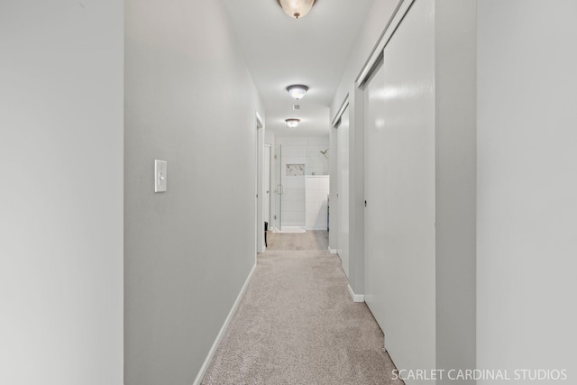 hallway featuring light colored carpet