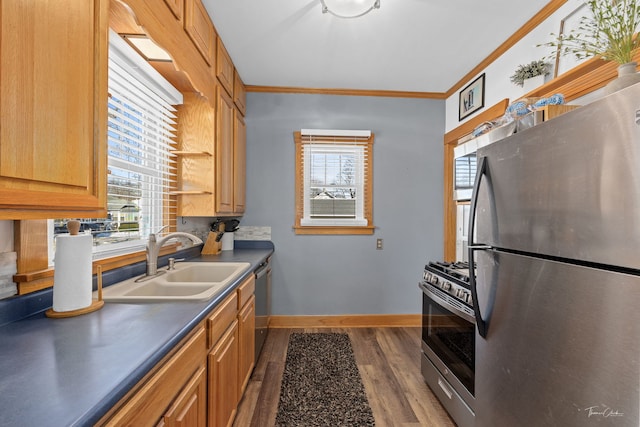 kitchen featuring appliances with stainless steel finishes, a wealth of natural light, sink, ornamental molding, and dark wood-type flooring