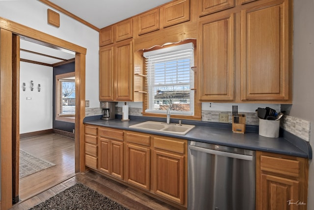 kitchen featuring dark hardwood / wood-style floors, sink, ornamental molding, stainless steel dishwasher, and a healthy amount of sunlight