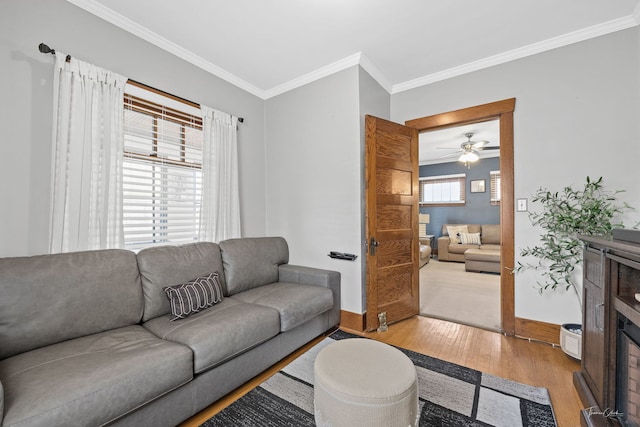 living room with ornamental molding and light wood-type flooring