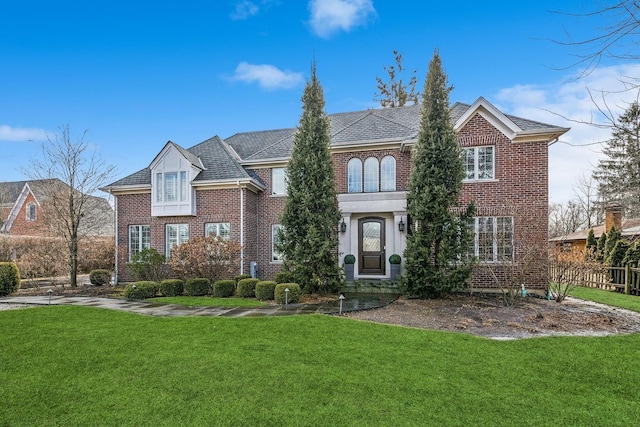 view of front of house with brick siding and a front lawn