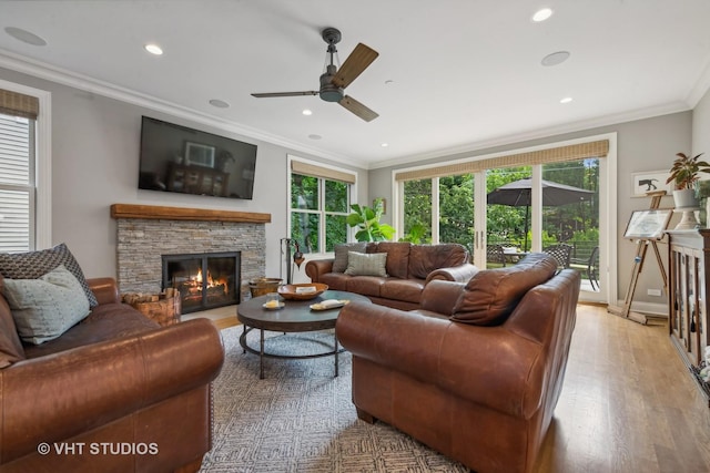 living room featuring ceiling fan, ornamental molding, a stone fireplace, and light hardwood / wood-style flooring