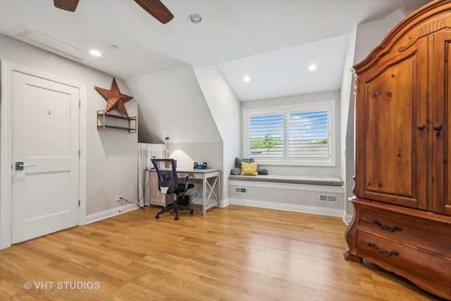 office area with lofted ceiling, light hardwood / wood-style floors, and ceiling fan