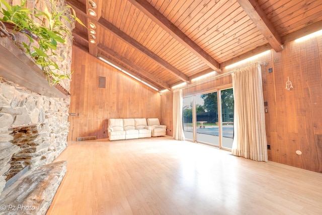 unfurnished living room with beam ceiling, wood walls, wood finished floors, and visible vents