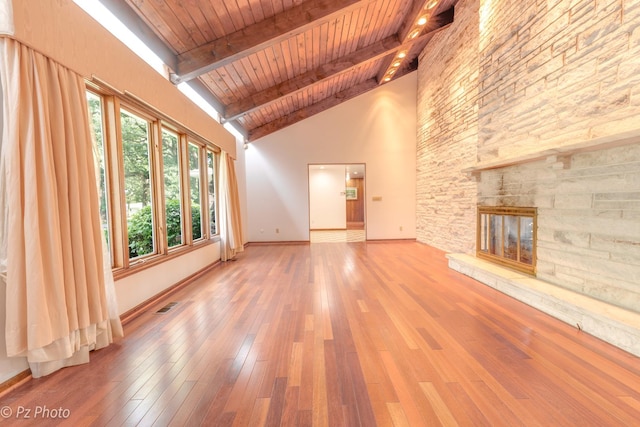 unfurnished living room featuring visible vents, wooden ceiling, hardwood / wood-style flooring, a stone fireplace, and high vaulted ceiling