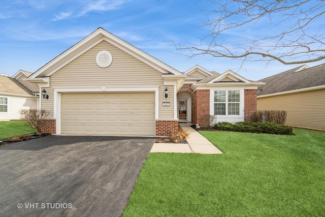 ranch-style home with a garage and a front yard