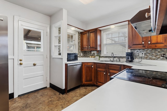 kitchen with sink, stainless steel dishwasher, backsplash, and range hood