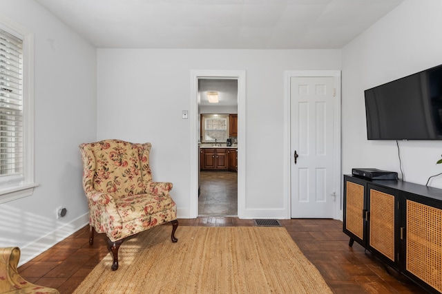 living area featuring sink and dark hardwood / wood-style floors