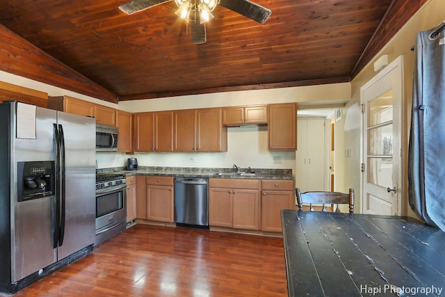 kitchen featuring sink, wood ceiling, stainless steel appliances, dark hardwood / wood-style floors, and vaulted ceiling