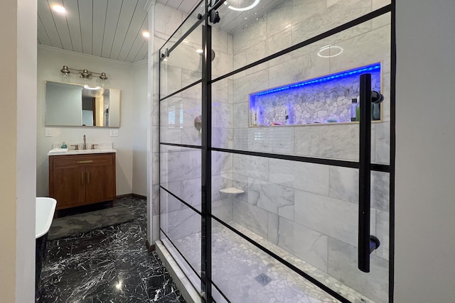 bathroom featuring vanity, an enclosed shower, and wooden ceiling