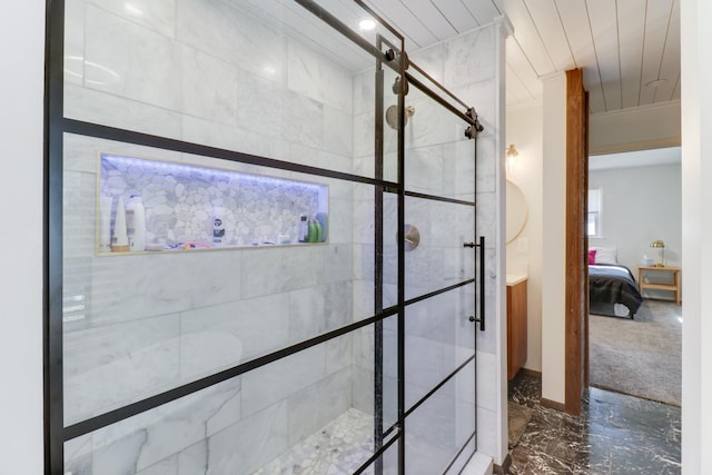 bathroom featuring wooden ceiling and tiled shower