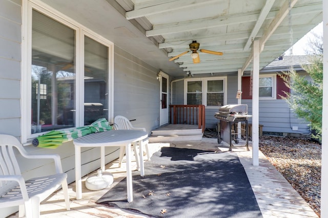 view of patio / terrace featuring ceiling fan and grilling area